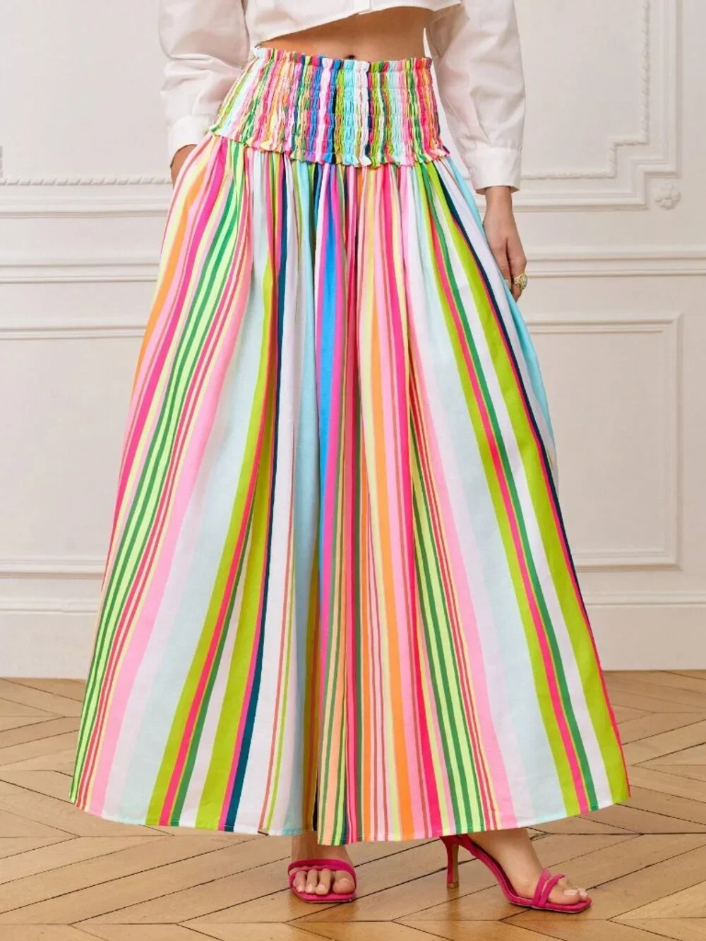 Pink Boho Women's Elegant Casual Colorful Striped Waist Ruched A-Line Skirt